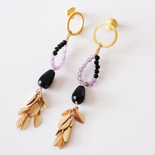 Oorbellen met amethist en zwarte agaat